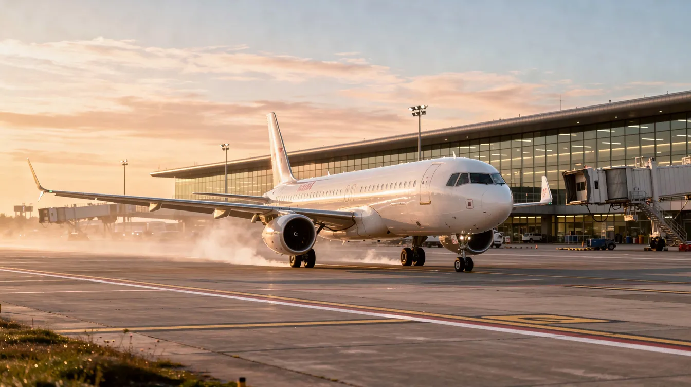 A commercial airplane is taxiing on a runway at sunrise, with the airport terminal buildings visible in the background, signaling the start of a busy day for flight attendants and crew members preparing for upcoming flights. The soft glow of the sunrise highlights the aircraft as it prepares for takeoff, while the terminal stands ready to accommodate passengers and support flight operations.