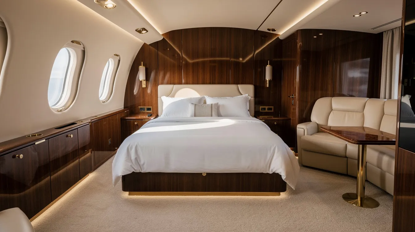 The image depicts a luxurious VIP aircraft interior featuring a private bedroom suite adorned with polished wood finishes, showcasing the elegance and comfort found in modern boeing aircraft. This opulent space highlights the advanced technology and design that elevate the flying experience for discerning travelers.
