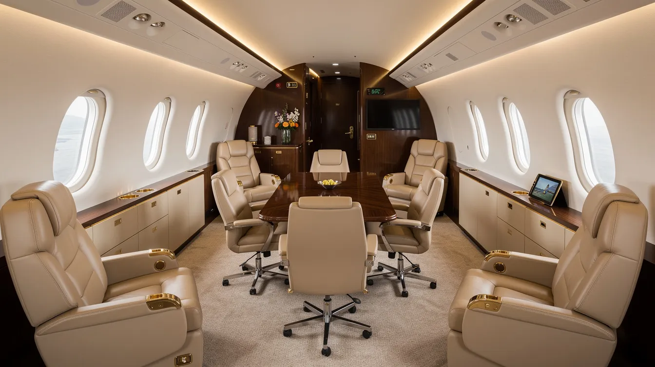 The image showcases the luxurious interior of a VIP-configured Boeing Business Jet, featuring plush leather seating arranged around a conference table, complemented by soft, warm cabin lighting that enhances the sophisticated atmosphere. This elegant space exemplifies advanced technology and comfort, typical of new Boeing aircraft designed for high-end travel.