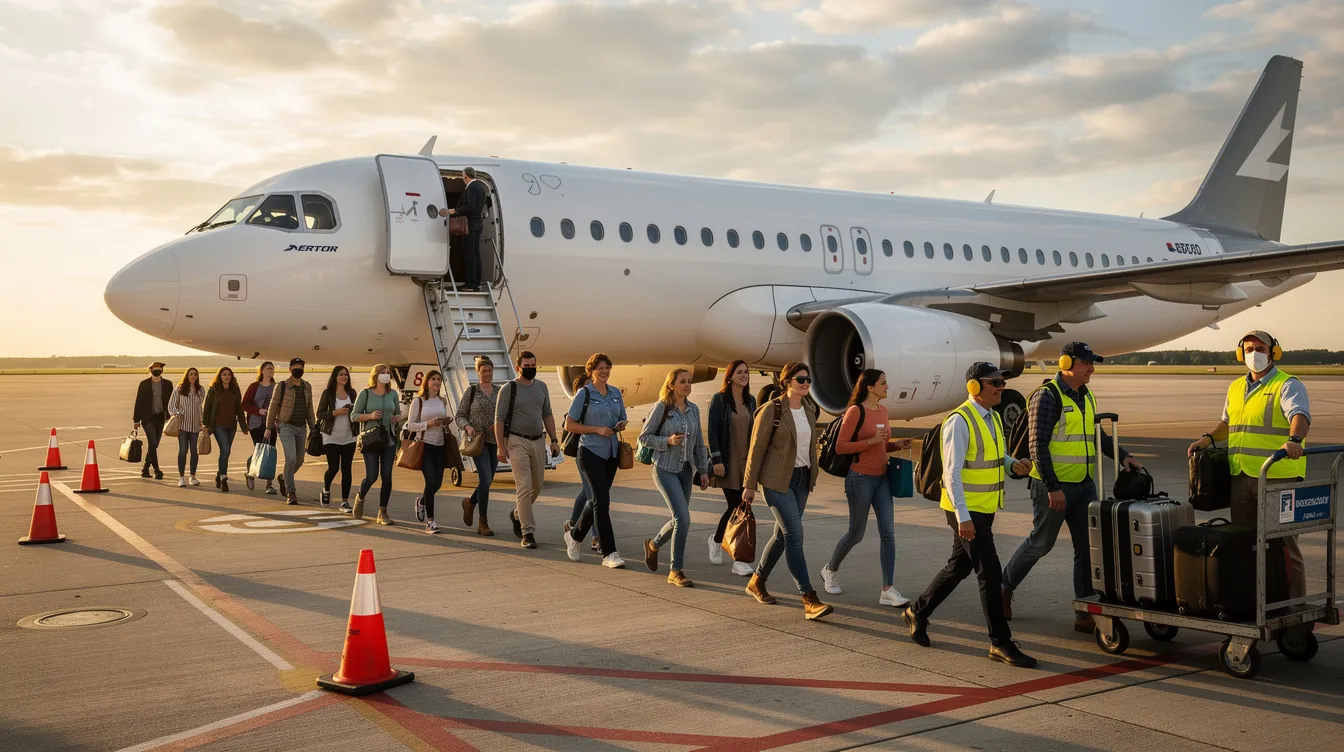 A large group of travelers is boarding a chartered Boeing aircraft, specifically a narrow-body model, on the tarmac, while ground crew members assist with the boarding process. The scene captures the hustle and bustle of air travel, showcasing the efficiency and teamwork involved in preparing the aircraft for departure.