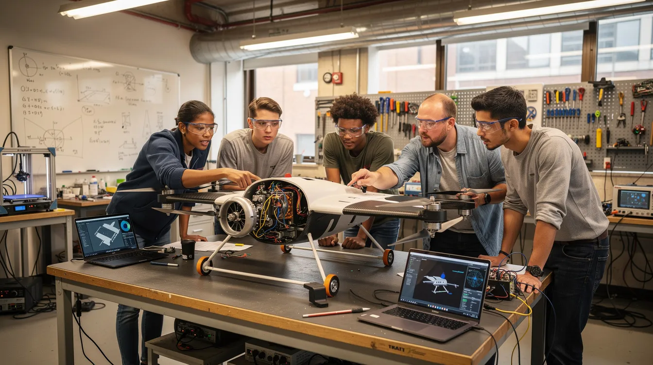 The image depicts a group of engineering students collaborating around an aerospace prototype in a modern workshop, showcasing their teamwork and innovation leadership development as they work on real-life problems in the Indian aerospace sector. This environment reflects the spirit of university innovation and the strong connections to Boeing's innovation ecosystem.