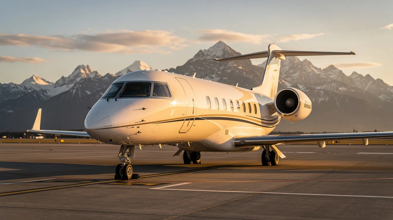 A sleek private jet is parked on the tarmac during golden hour, with a stunning backdrop of mountains, symbolizing the innovation and leadership development associated with the aerospace industry. This image captures the essence of luxury travel, reflecting the advancements of a leading global aerospace company like Boeing.