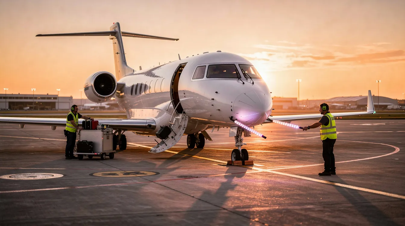 A private jet is parked on a tarmac at sunset, with ground crew members preparing the aircraft for departure. The scene captures the essence of business aviation, highlighting the meticulous work involved in ensuring a successful flight for aspiring pilots and airline professionals.