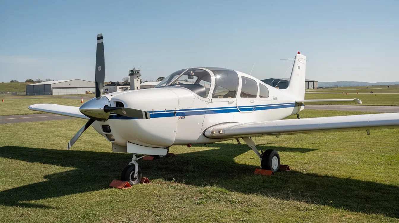 A small single-engine training aircraft is parked on a grassy airfield under a clear blue sky, symbolizing the beginning of many aspiring pilots' journey towards earning their private pilot certificate or commercial pilot license through flight training at an aviation school. This tranquil scene reflects the essential environment for pilot training and the pursuit of a successful aviation career.