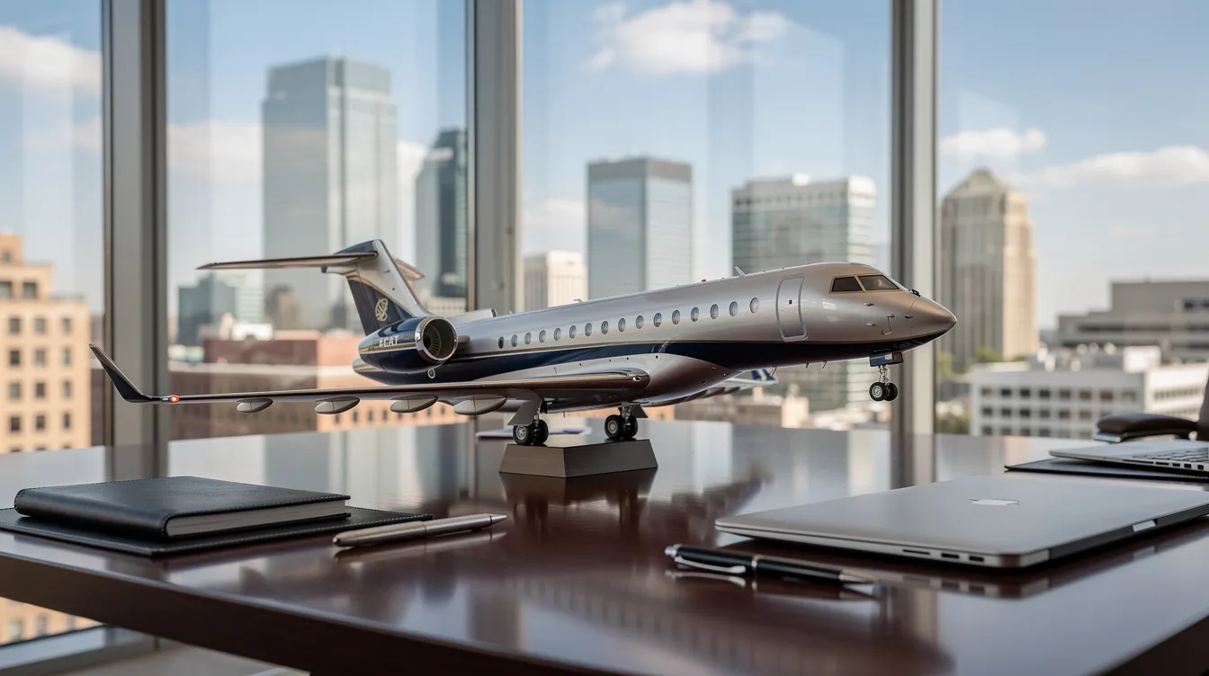 A detailed scale model of a sleek business jet is prominently displayed on a polished executive desk, set against a backdrop of a modern office with a stunning city skyline visible through floor-to-ceiling windows. This replica showcases fine molds and quality craftsmanship, appealing to aviation enthusiasts and collectors alike.