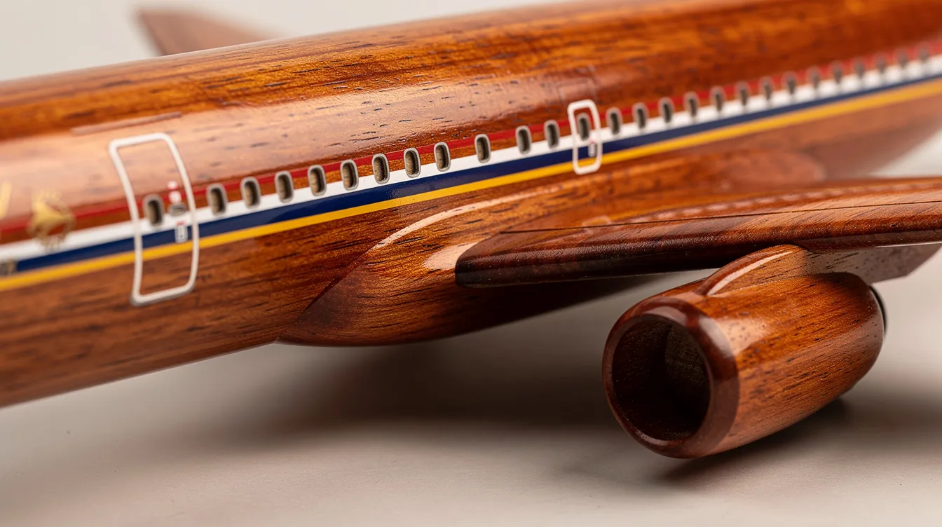 A close-up view of a hand-carved mahogany aircraft model showcases the intricate wood grain texture and detailed hand-painted livery, appealing to aviation enthusiasts and collectors alike. The model features realistic elements such as landing gear and fine molds, making it a stunning addition to any display or shelf.