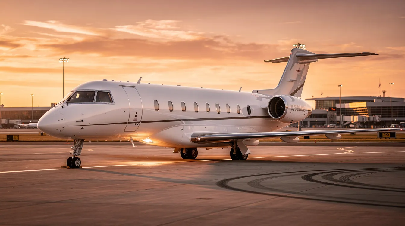 A modern white private jet is parked on a tarmac at sunset, with warm golden light reflecting off its sleek fuselage, showcasing its fine details and elegant shape. This aircraft, a favorite among aviation enthusiasts, highlights the beauty of contemporary airplane models.