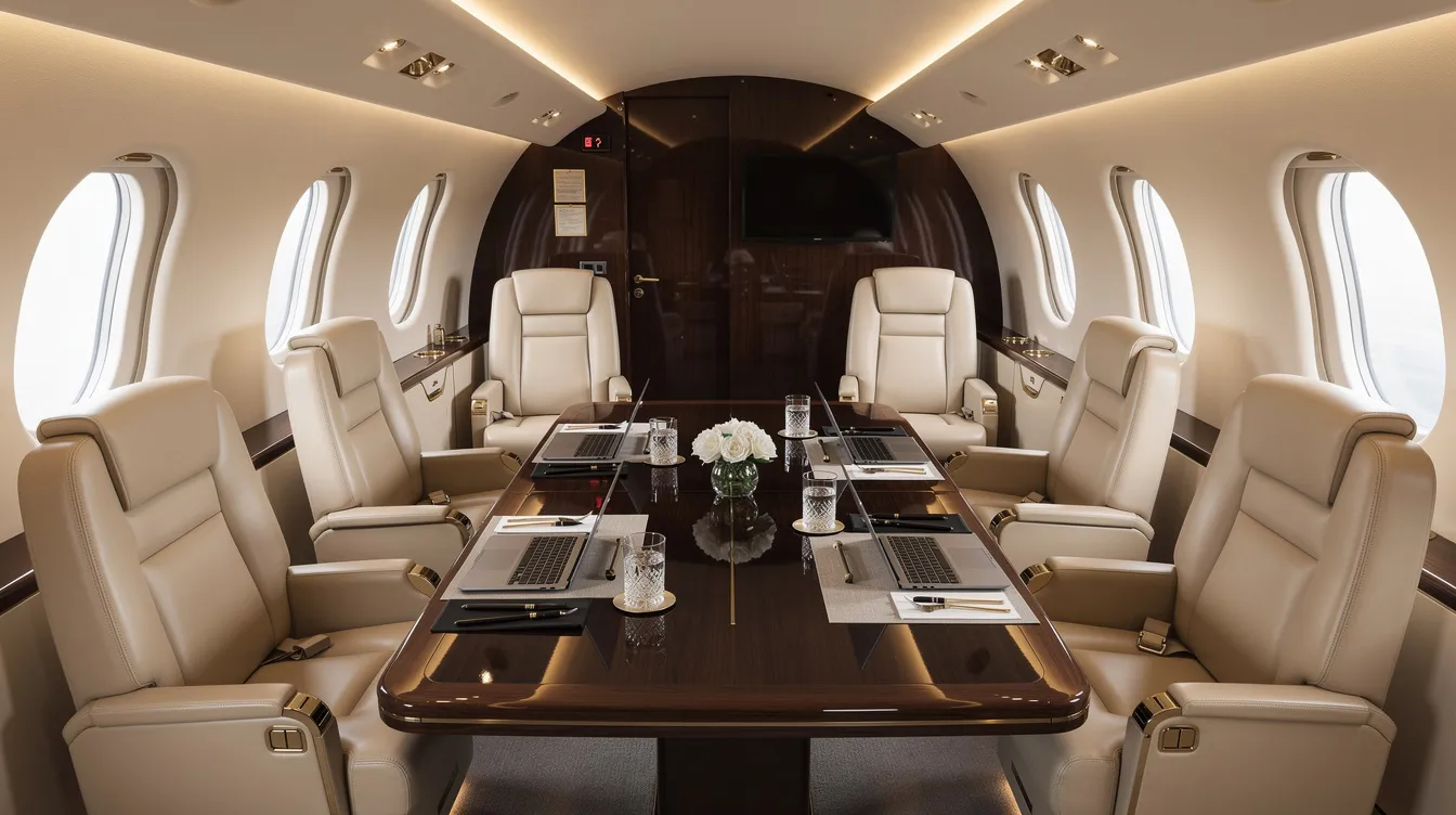 The image depicts an elegant private jet cabin interior featuring cream leather seats and ambient lighting, designed for luxury and comfort. A conference table is set for a business meeting, illustrating the functionality of jets privados for business travel.