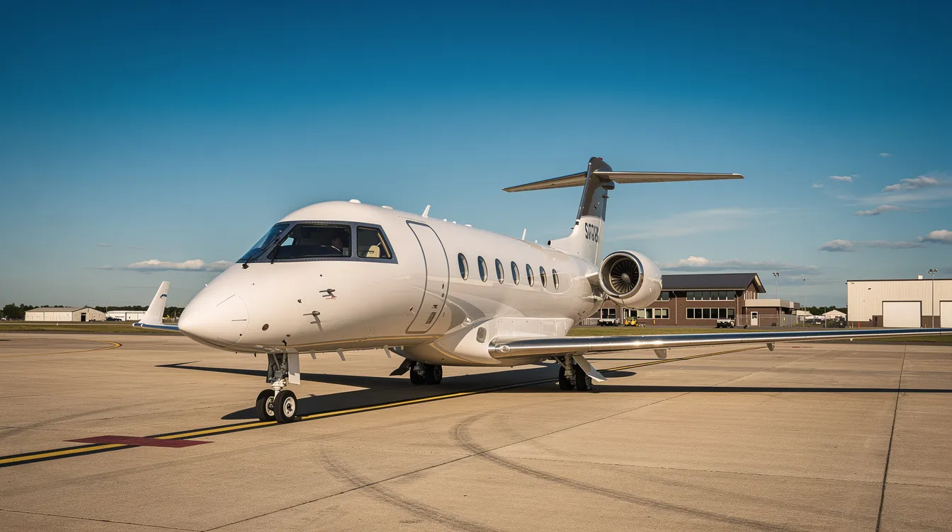 A sleek private jet is parked on the tarmac of a small regional airport, with a clear blue sky in the background. The aircraft, designed for optimal fuel efficiency and advanced aerodynamics, showcases its elegant lines and modern features, ready for its next flight at typical cruise speeds.