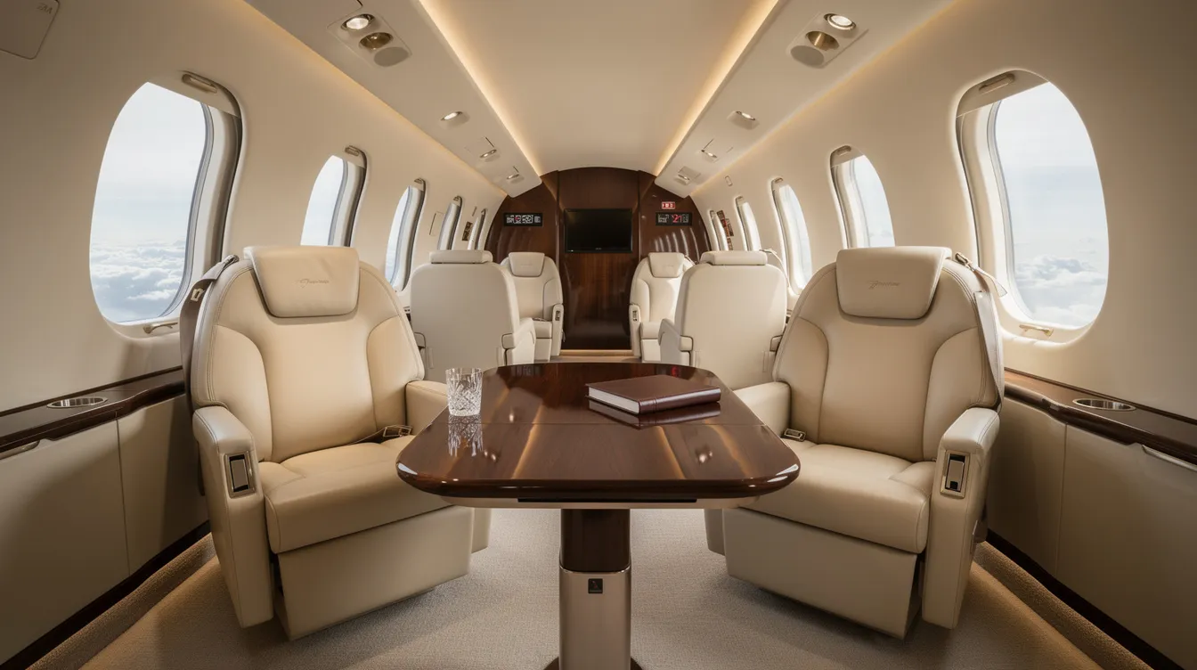 The image depicts the interior of a spacious private jet cabin featuring cream leather seats, ambient lighting, and a polished wood table, designed for passenger comfort and luxury. This elegant setting reflects advanced technology and aerodynamic improvements that enhance the flying experience at typical cruise speeds.