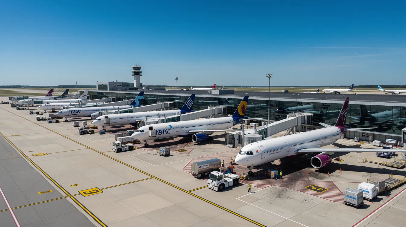 A row of large commercial aircraft, including Boeing 747 models, is parked at gates in a busy international airport under a clear blue sky. The scene showcases various passenger and cargo aircraft, highlighting the aviation industry's commitment to efficiency and passenger comfort.