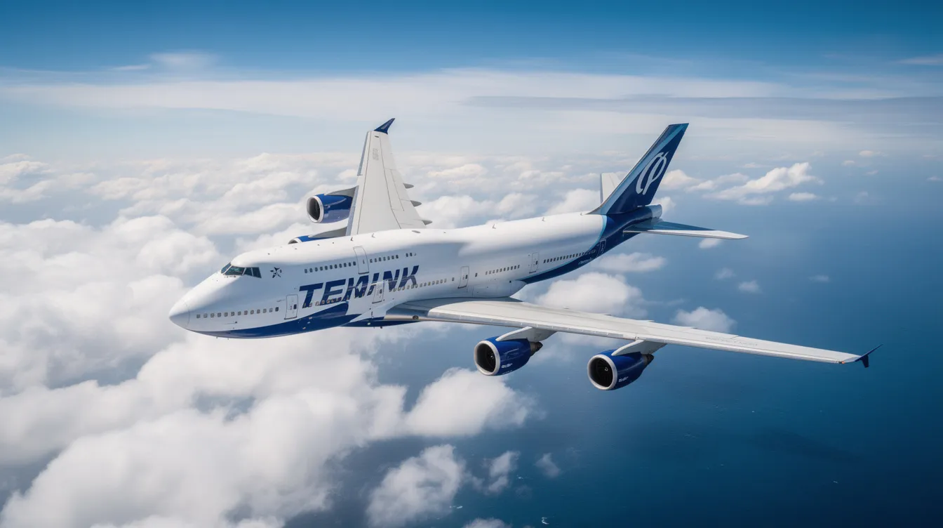 A large white and blue Boeing 747-8 aircraft is soaring above fluffy clouds over the ocean, showcasing its impressive wingspan and sleek fuselage. This iconic passenger aircraft, known for its fuel efficiency and long range, represents a significant advancement in the aviation industry.