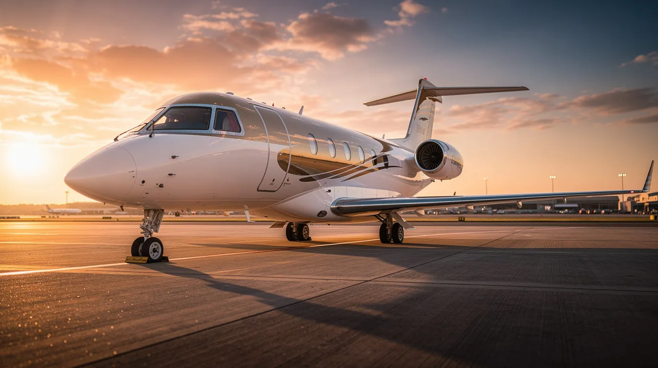 A sleek private jet is parked on a tarmac, bathed in warm golden light from the sunset, which reflects off its polished fuselage. The aircraft's elegant design showcases the advancements in the aviation industry, emphasizing passenger comfort and innovative new technologies.