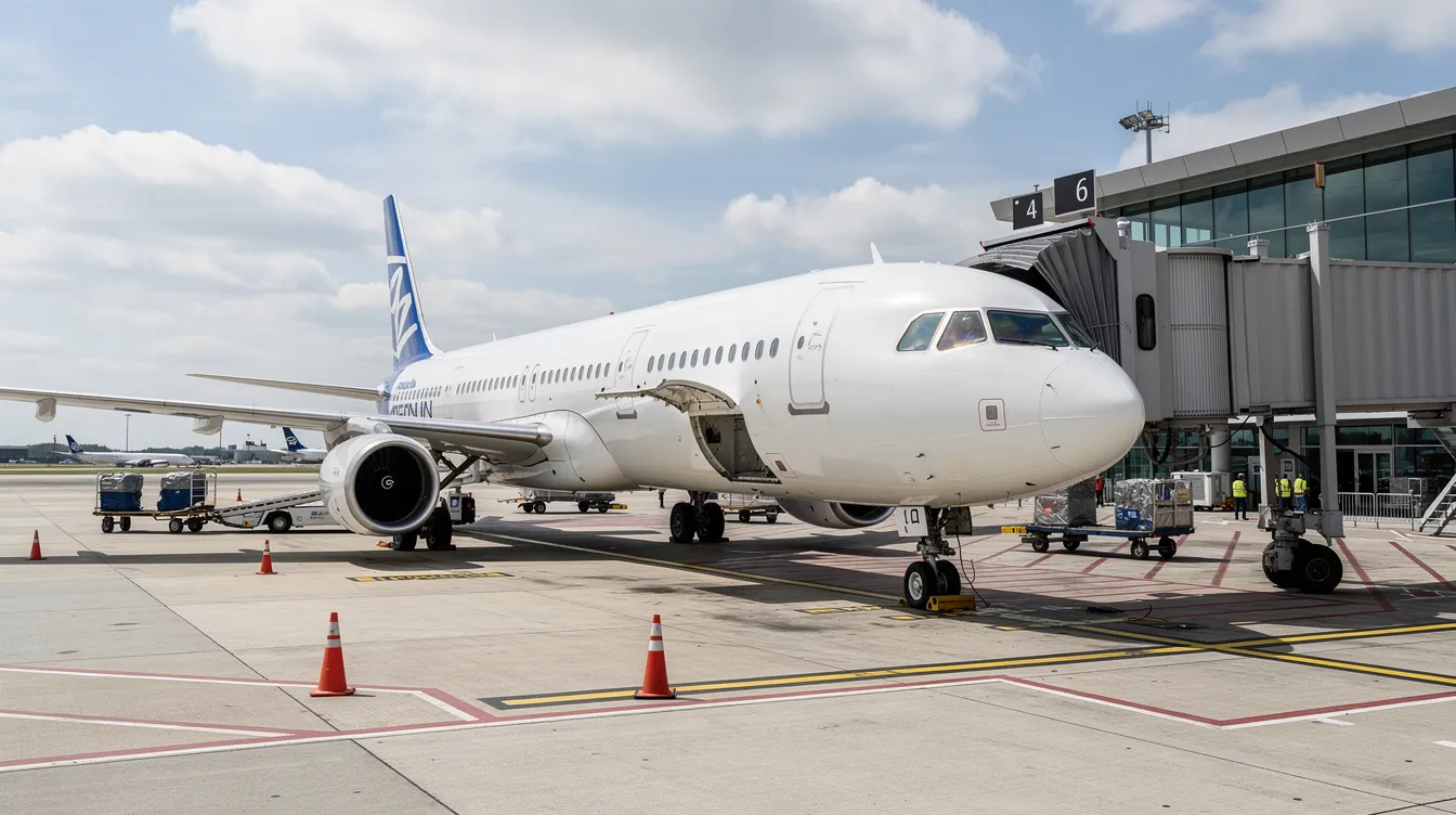 A commercial airplane is parked at an airport gate, with a jet bridge connected for boarding. This scene captures the moment before flight attendants prepare for passengers to board, highlighting the importance of airport operations in the airline industry.