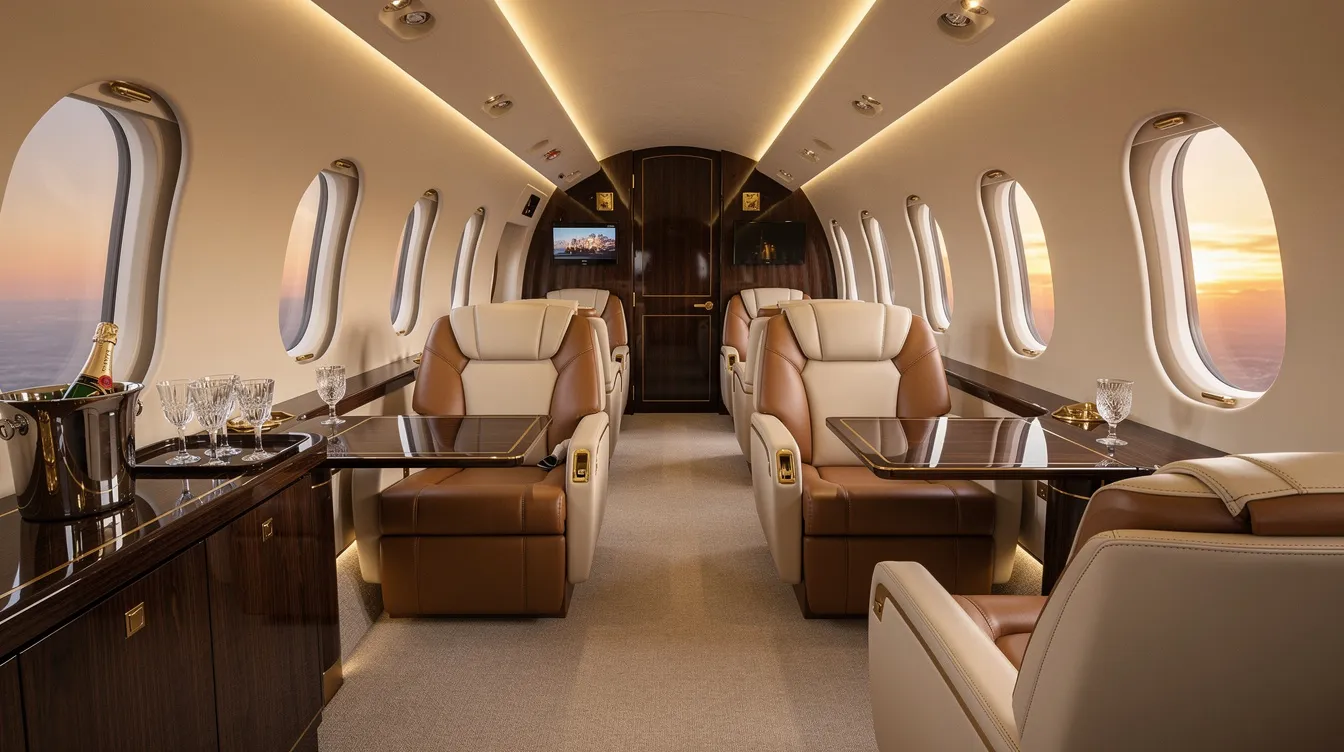 The image depicts the interior of a luxury private jet cabin, featuring plush leather seating and soft ambient lighting that creates an elegant atmosphere. This lavish environment is often where flight attendants work, ensuring passengers enjoy a comfortable flight experience.