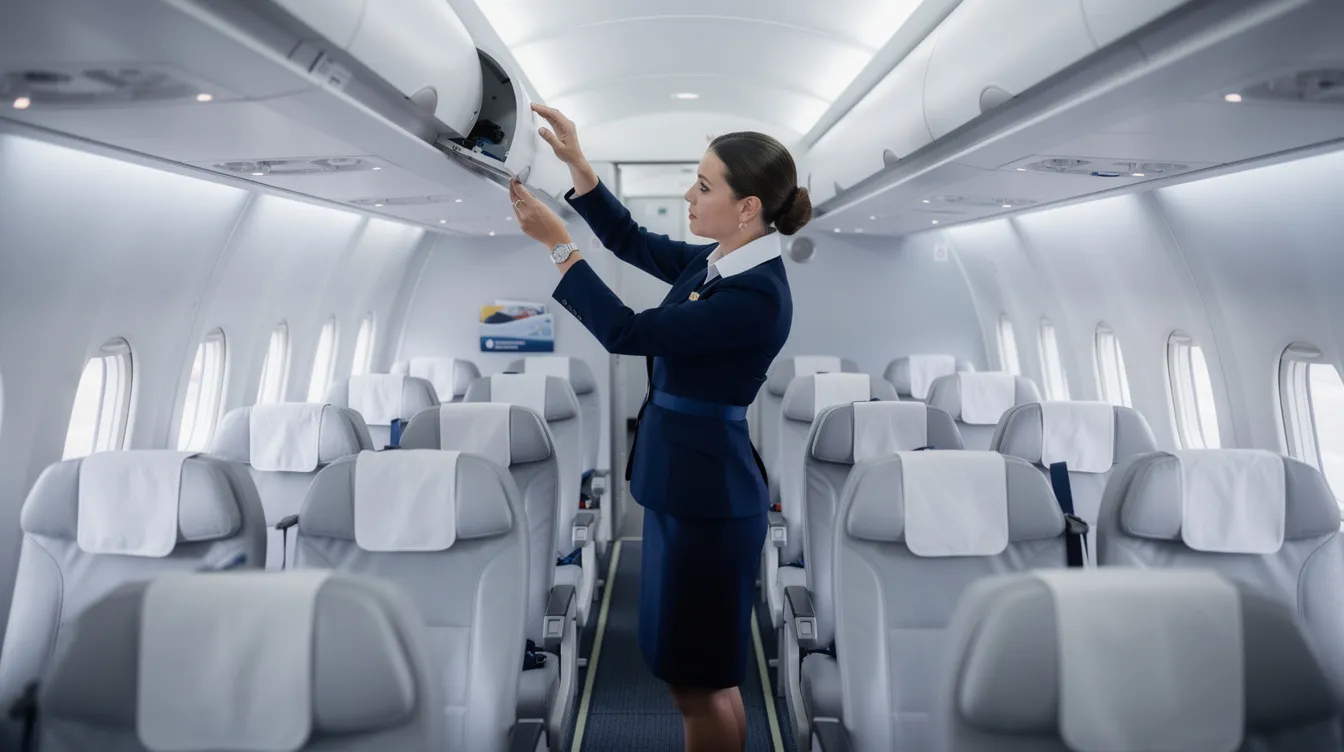 A flight attendant is seen preparing the cabin of a commercial aircraft before passengers board, ensuring everything is in order for the flight. This includes checking safety equipment and arranging seating, which is crucial for the smooth operation of the airline, as flight attendants play a vital role in passenger safety and comfort.