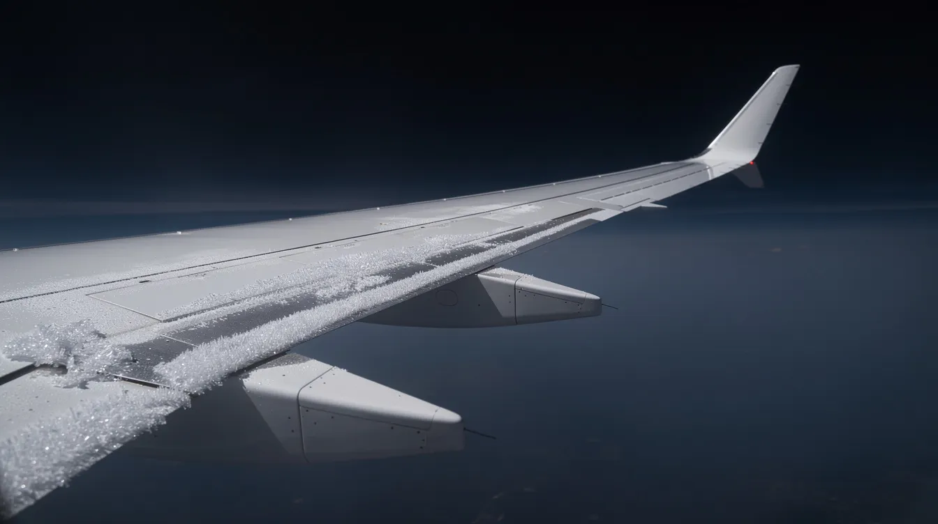 The image shows the wing of a business jet in flight, adorned with intricate frost patterns on its leading edge, set against a dark sky. This visual highlights the effects of freezing temperatures on jet fuel, emphasizing the importance of fuel heating systems and additives to prevent freezing during high altitude flights.