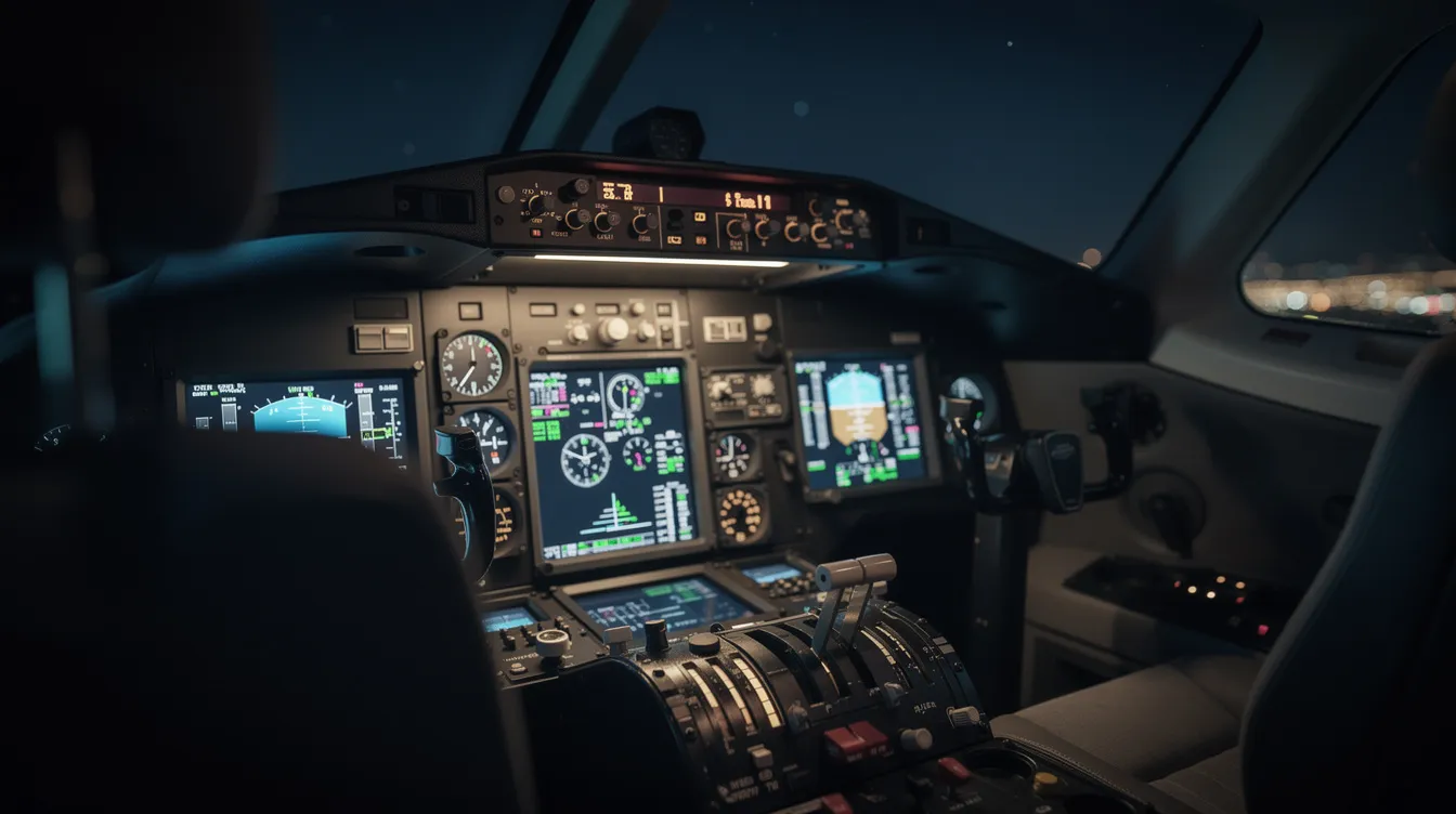 The image depicts a private jet cockpit instrument panel softly illuminated during a night flight, showcasing various gauges and displays that monitor essential systems such as fuel flow and temperature. The glowing instruments highlight the importance of maintaining optimal conditions for jet fuel to prevent freezing, especially in high altitude flights where cold temperatures can affect aircraft performance.
