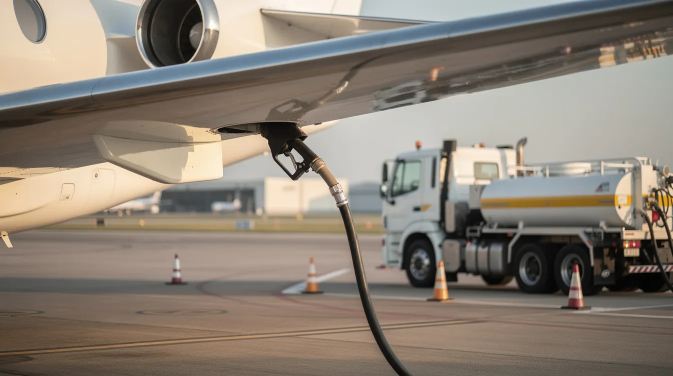 A close-up view of a private jet wing on the tarmac during refueling, with a fuel truck positioned nearby. This image highlights the importance of maintaining optimal fuel temperature to prevent jet fuel from freezing in cold conditions, ensuring safe and efficient operation of aircraft engines.