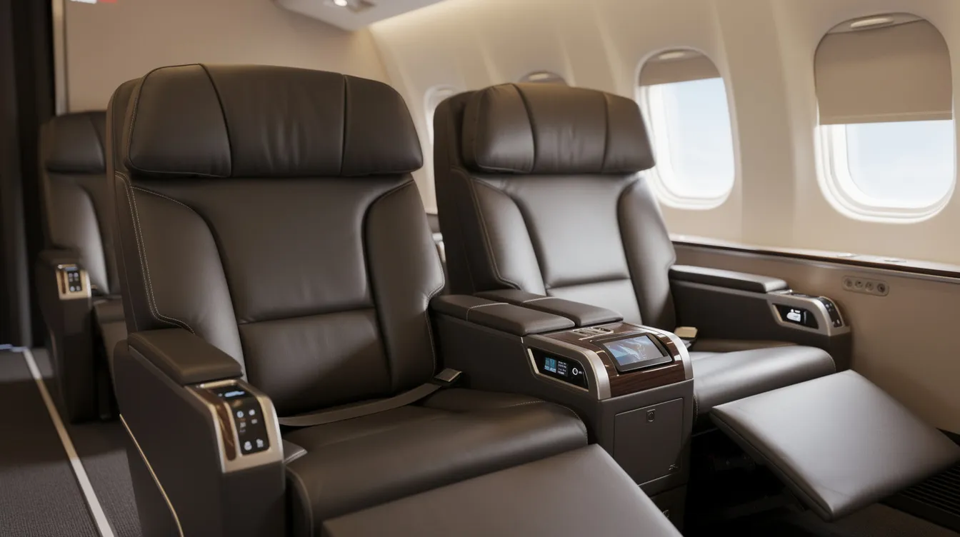 A close-up view of leather recliner seats in a 2-2 configuration, showcasing the luxurious first class cabin of a United Airlines Boeing 737 800. The seats feature spacious armrests and a limited recline option, designed for comfort on domestic flights.