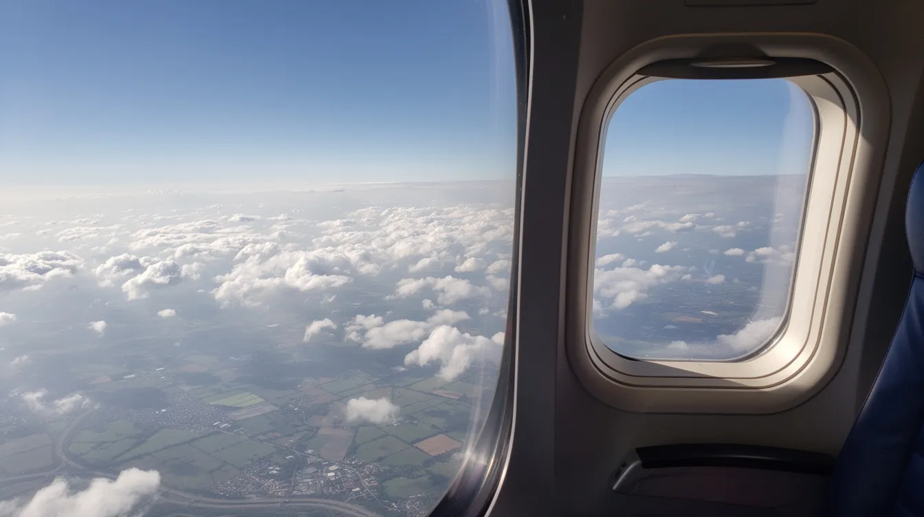 The image shows a view from a passenger seat on a United Airlines flight, specifically from a window seat in the cabin of a Boeing 737-800. Below, fluffy clouds float above a patchwork of landscapes, providing a serene glimpse of the world during domestic travel.