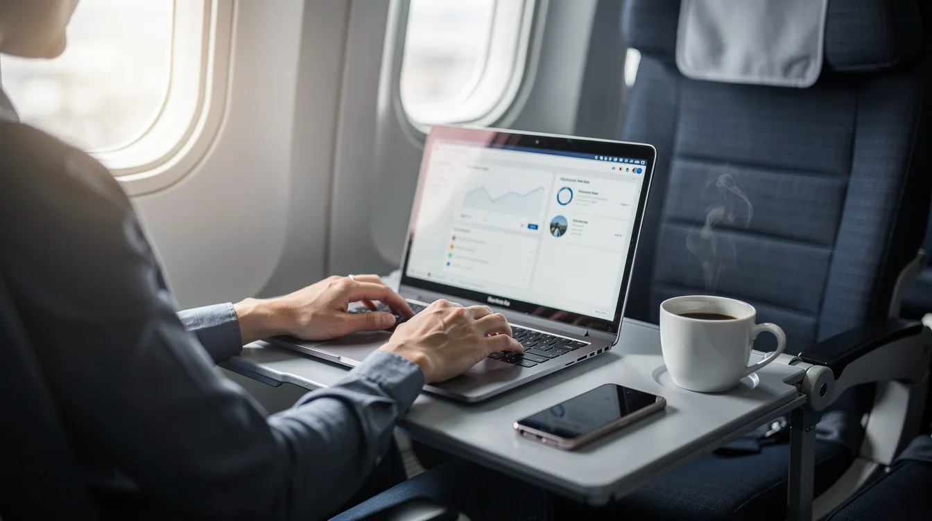 A person is working on a laptop in the business class cabin of a United Airlines Boeing 737 800, with a coffee cup placed on the tray table. The interior features comfortable seats and ample space, typical of premium economy service on domestic flights.