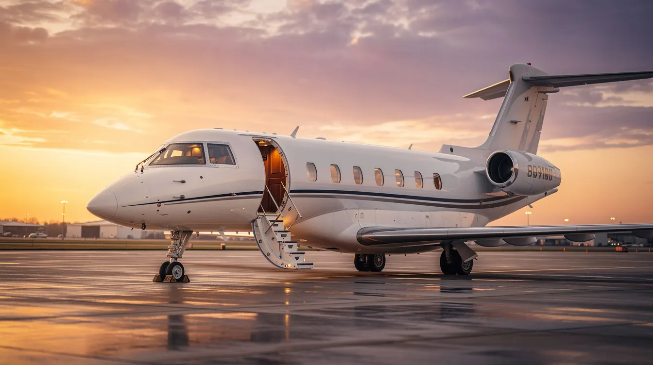 A private jet is parked on a tarmac at sunset, with its stairs extended and warm cabin lights glowing, creating an inviting atmosphere for potential passengers. The aircraft's sleek design suggests luxury and comfort, reminiscent of business class experiences on premium airlines like United Airlines.