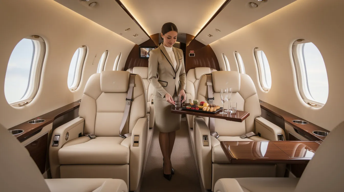 The image showcases the luxurious interior of a private jet cabin, featuring cream leather seats and polished wood accents under soft ambient lighting, creating a welcoming atmosphere for passengers. A professional private flight attendant is present, ensuring exceptional inflight service tailored to the clients' needs.