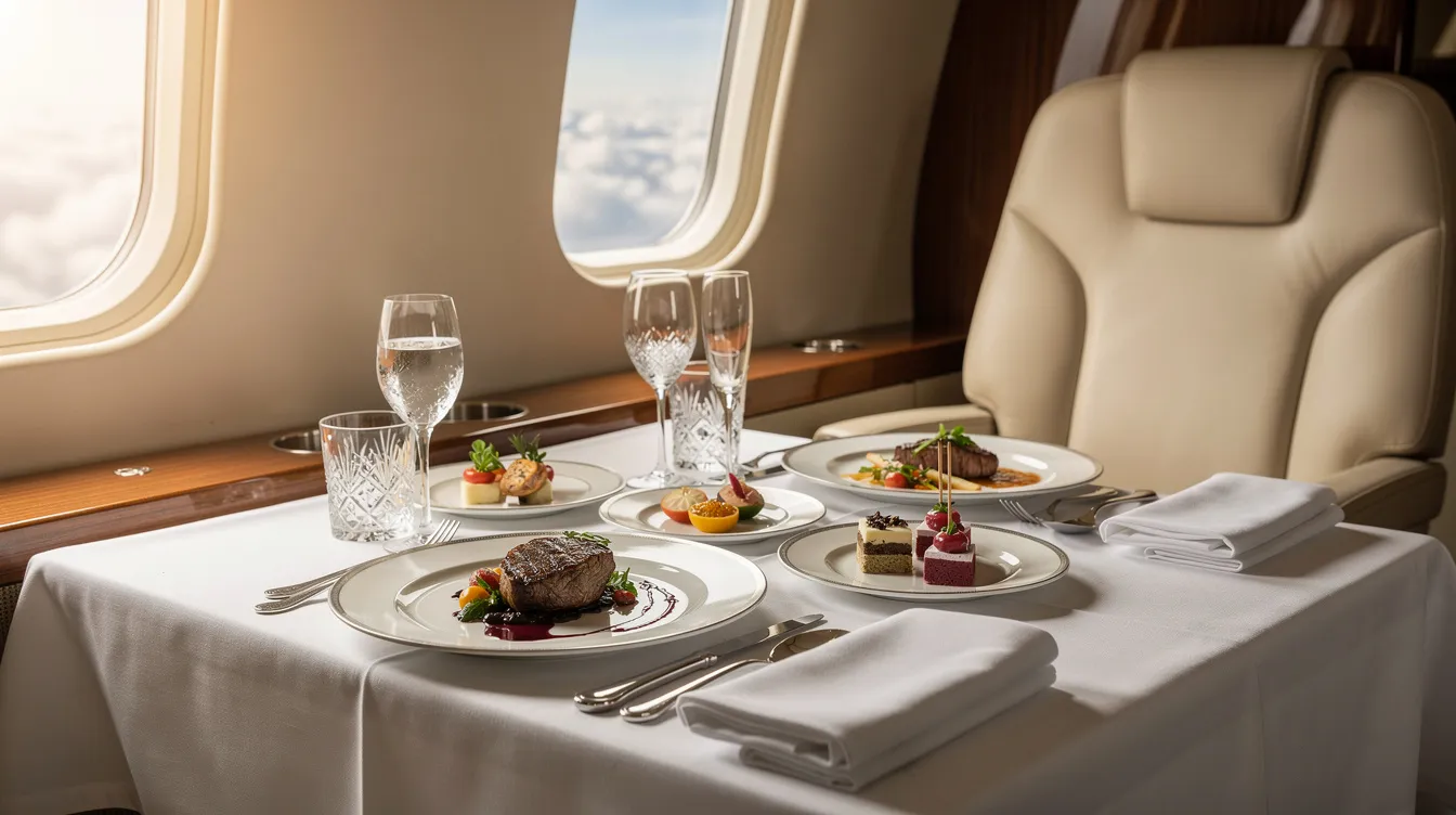An elegantly plated multi-course meal is presented on a private jet dining table, accompanied by crystal glassware and a crisp white linen. This luxurious inflight service showcases the highest standard of dining experience, typically provided by a professional private flight attendant.