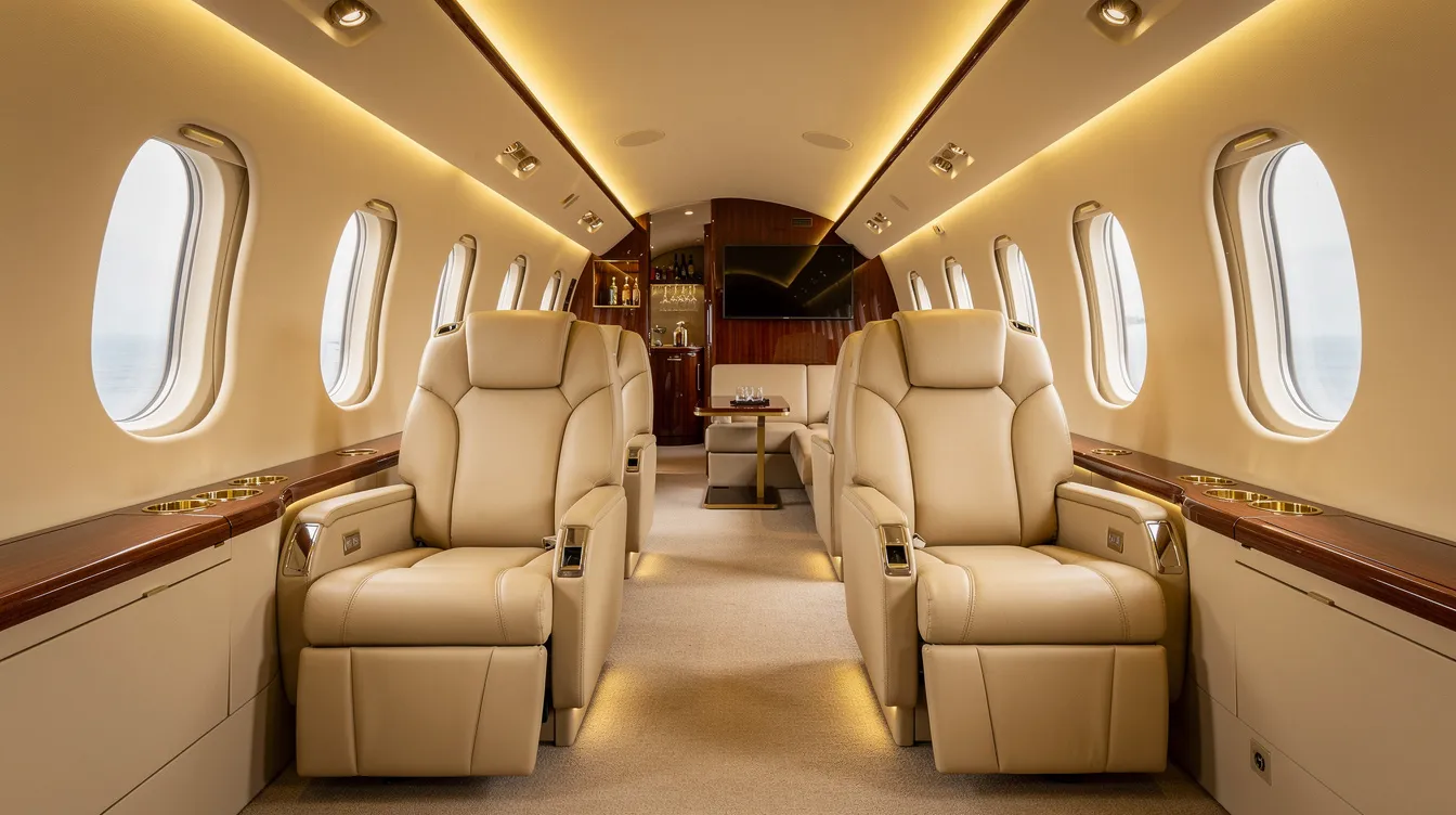 The image depicts the interior of a spacious private jet cabin featuring cream leather seats and warm lighting, designed for comfort and luxury during air travel. This setting exemplifies the elegance often found in Boeing's business jet variants, providing a serene atmosphere for passengers.