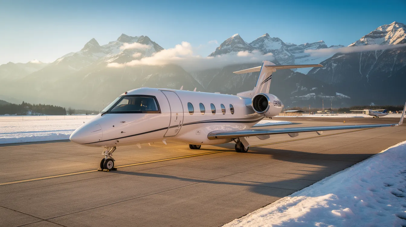 A small private jet is parked on a tarmac, with stunning snow-capped mountains rising majestically in the background, showcasing the beauty of the aviation industry. This serene setting highlights the importance of passenger safety and the role of flight attendants in ensuring a comfortable travel experience.