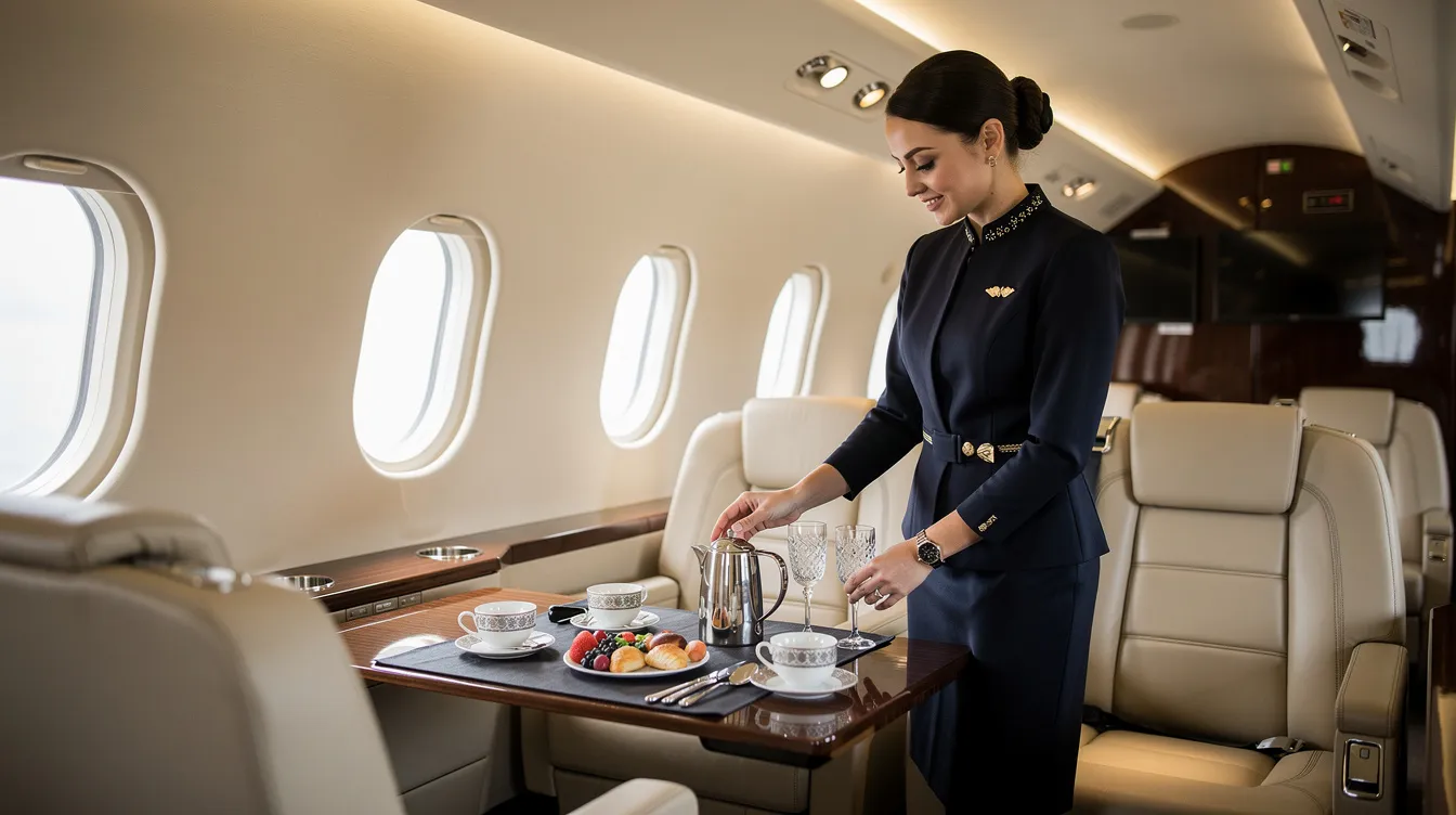 A professional flight attendant is seen arranging a cabin service tray inside the luxurious interior of a private jet, showcasing the high standards of service and passenger comfort expected in the aviation industry. The sleek design of the jet reflects the professionalism and attention to detail that flight attendants are trained to uphold during their flight attendant career.