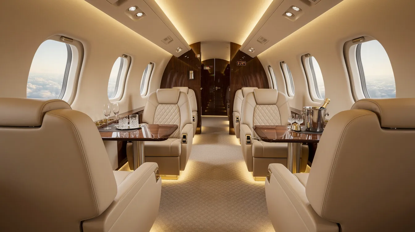 The image depicts an elegant private jet interior featuring luxurious leather seating and soft ambient lighting, creating a sophisticated atmosphere for passengers. This setting reflects the high standards of comfort and service expected in the aviation industry, where flight attendants play a crucial role in ensuring passenger satisfaction and safety.