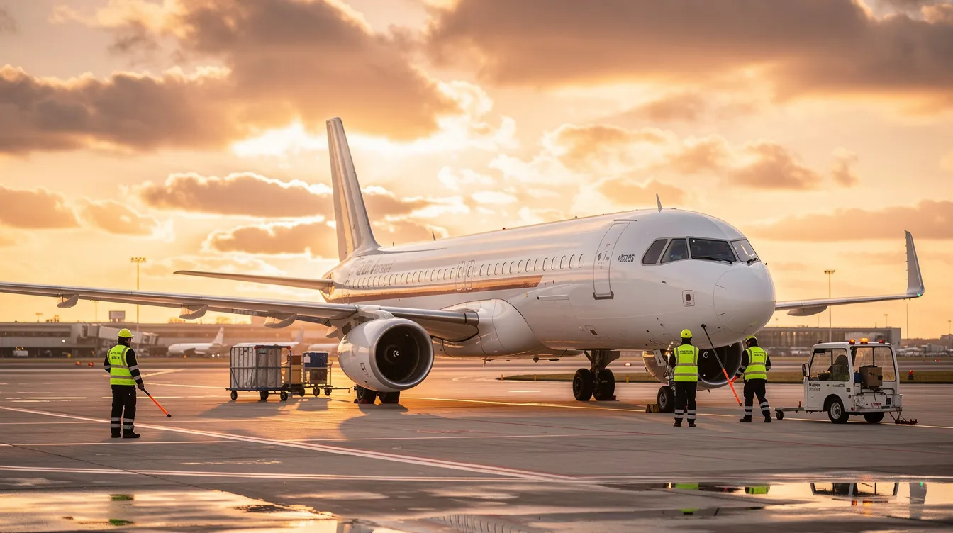 A narrow-body commercial jet is parked on the tarmac at sunset, with ground crew nearby performing security verification. The scene captures the essence of airline operations, showcasing the teamwork of flight attendants and ground staff during this tranquil moment.