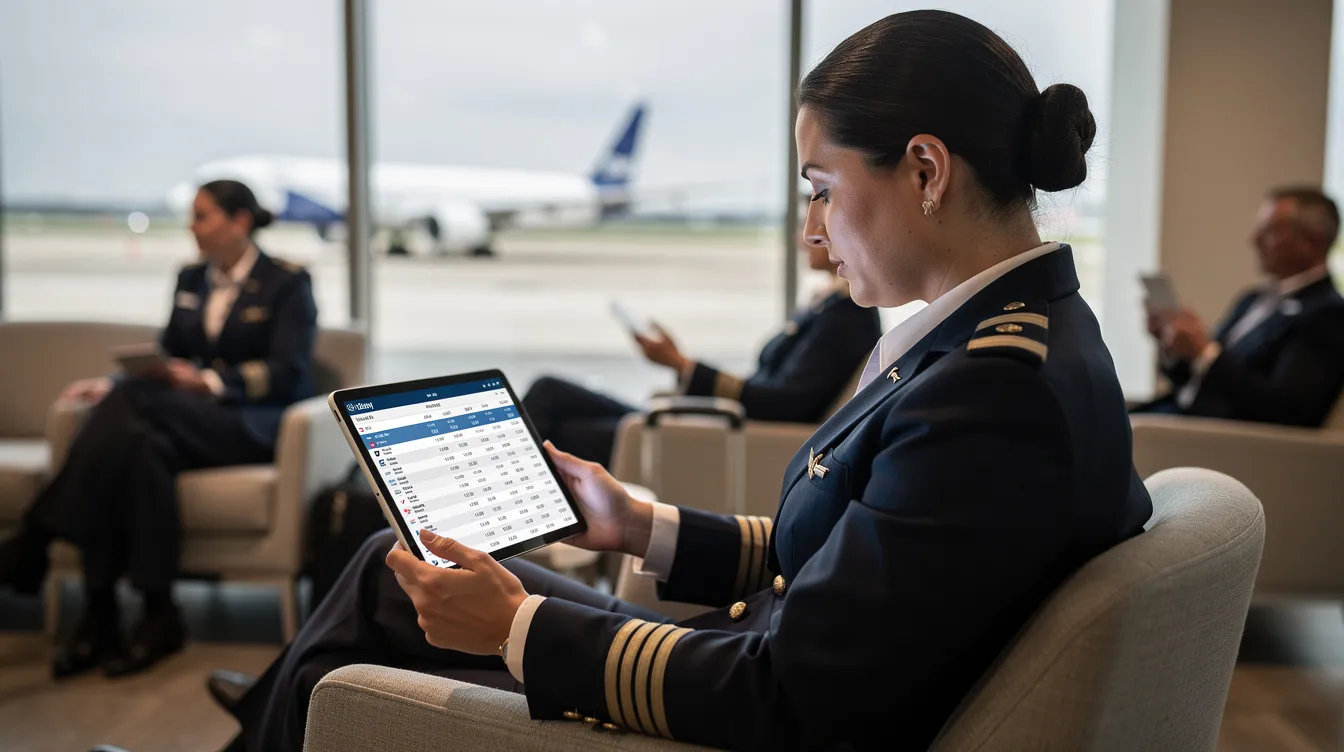 A crew member, likely an Allegiant flight attendant, is sitting in an airport crew lounge, intently reviewing a flight schedule on a tablet. This moment captures the dedication of employees as they prepare for their upcoming duties and ensure security verification processes are in place.