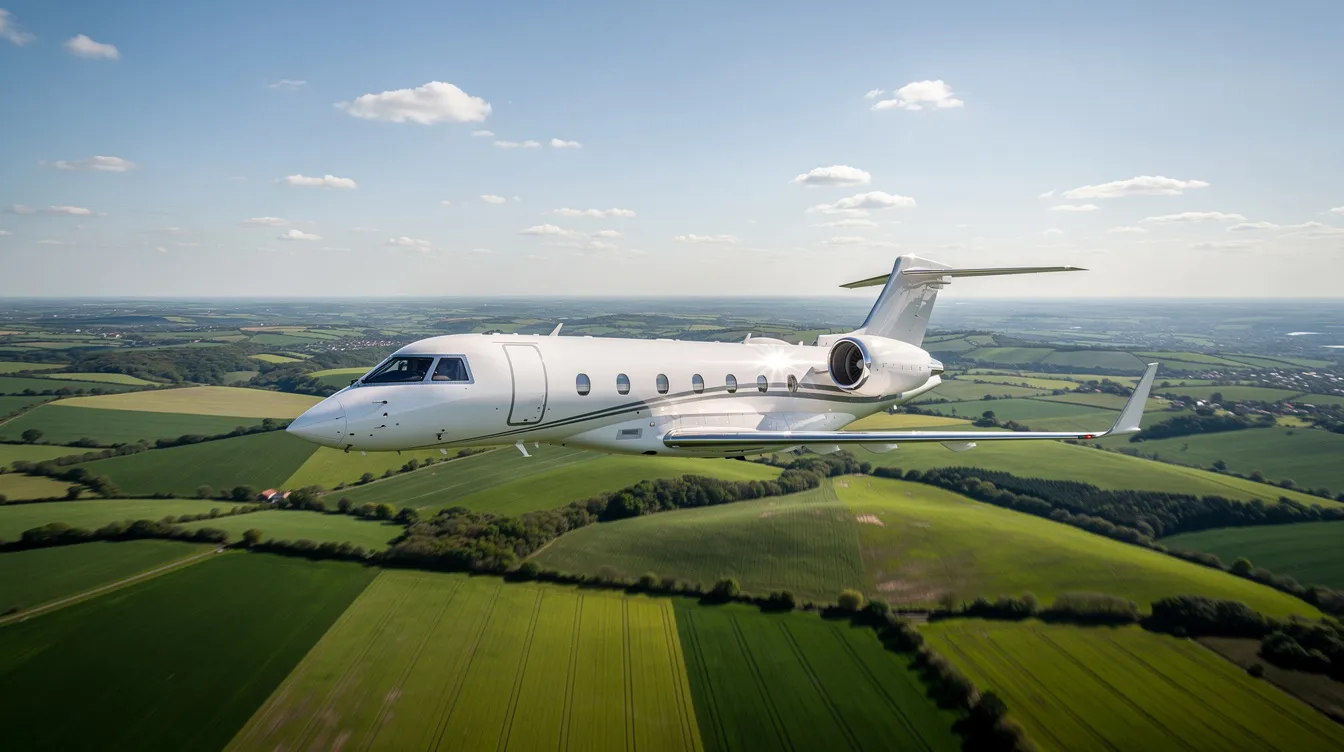 A sleek private jet soars gracefully over a vibrant green countryside, showcasing its modern design against a backdrop of a clear horizon. This business jet exemplifies luxury and technological innovations, promising a comfortable private flight experience.