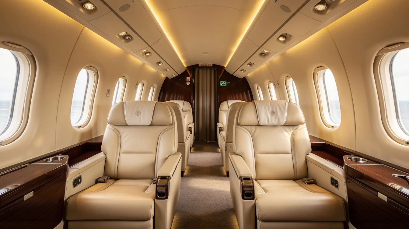 The image depicts a luxurious wide-body aircraft cabin interior, featuring cream leather seating, warm ambient lighting, and polished wood finishes, creating an incredibly spacious and comfortable environment for passengers. This private jet, reminiscent of an airbus acj380, showcases the ultimate in business aviation with its elegant design and attention to detail.