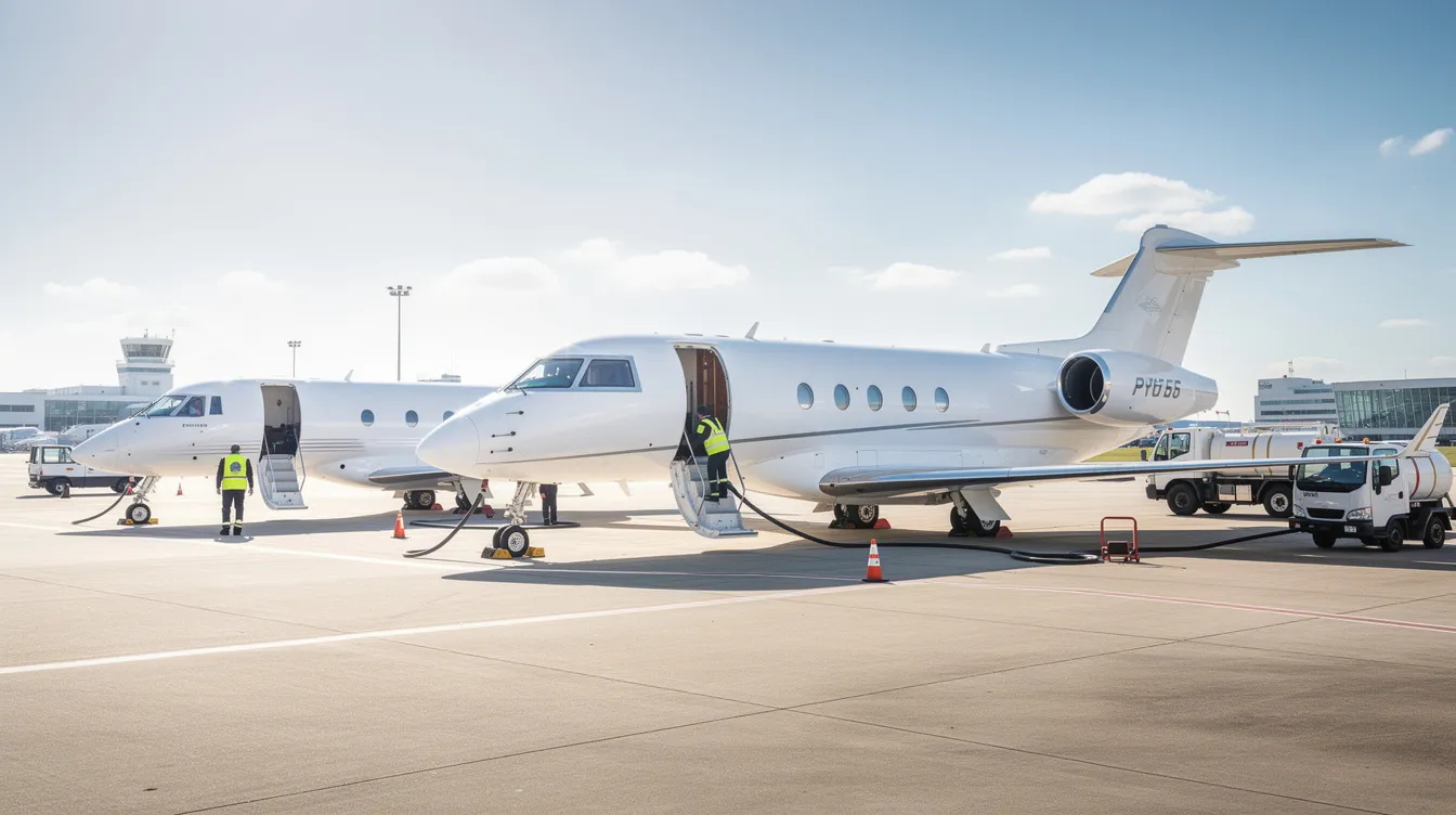 The image shows three private jets of varying sizes parked on a sunny airport tarmac, surrounded by ground crew and fuel trucks, reflecting the luxury and convenience of private flight. Each aircraft, representing different models of business jets, showcases the unique features and technological innovations that enhance the flying experience.