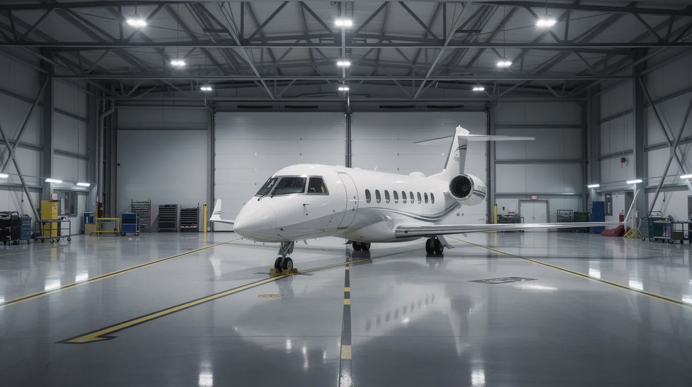 The image shows the interior of a private aircraft hangar, where a narrow-body jet is parked under bright overhead lights, highlighting the spacious area designed for maintenance and storage. This environment is essential for managing aircraft operating costs and ensuring operational efficiency for high net worth individuals and airlines.