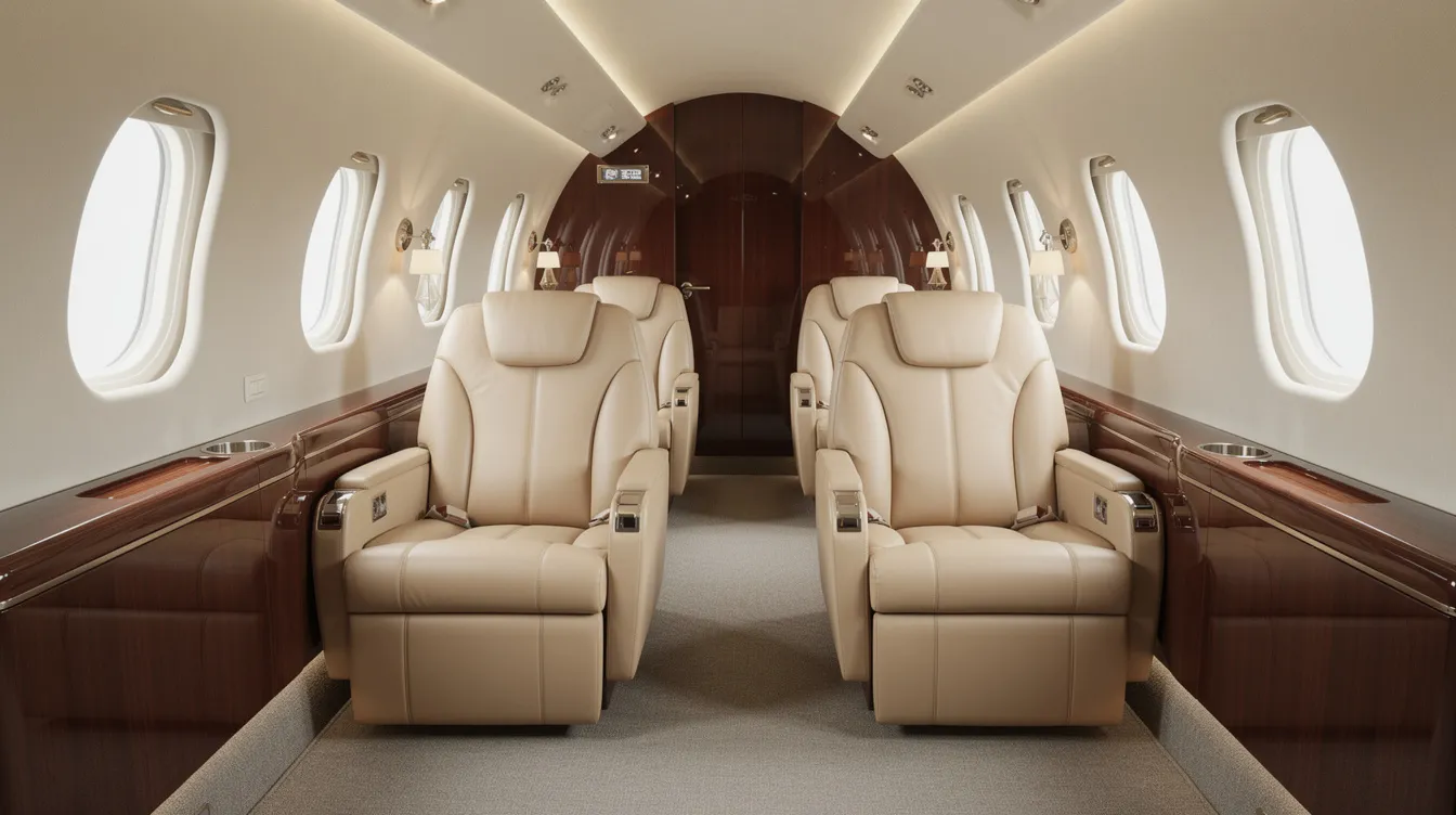 The image depicts a luxurious private aircraft cabin featuring wide leather seats and polished wood surfaces, designed for high net worth individuals seeking comfort during their flights. This VIP configuration enhances operational efficiency and passenger experience, which can significantly impact aircraft operating costs and overall flight hour expenses.
