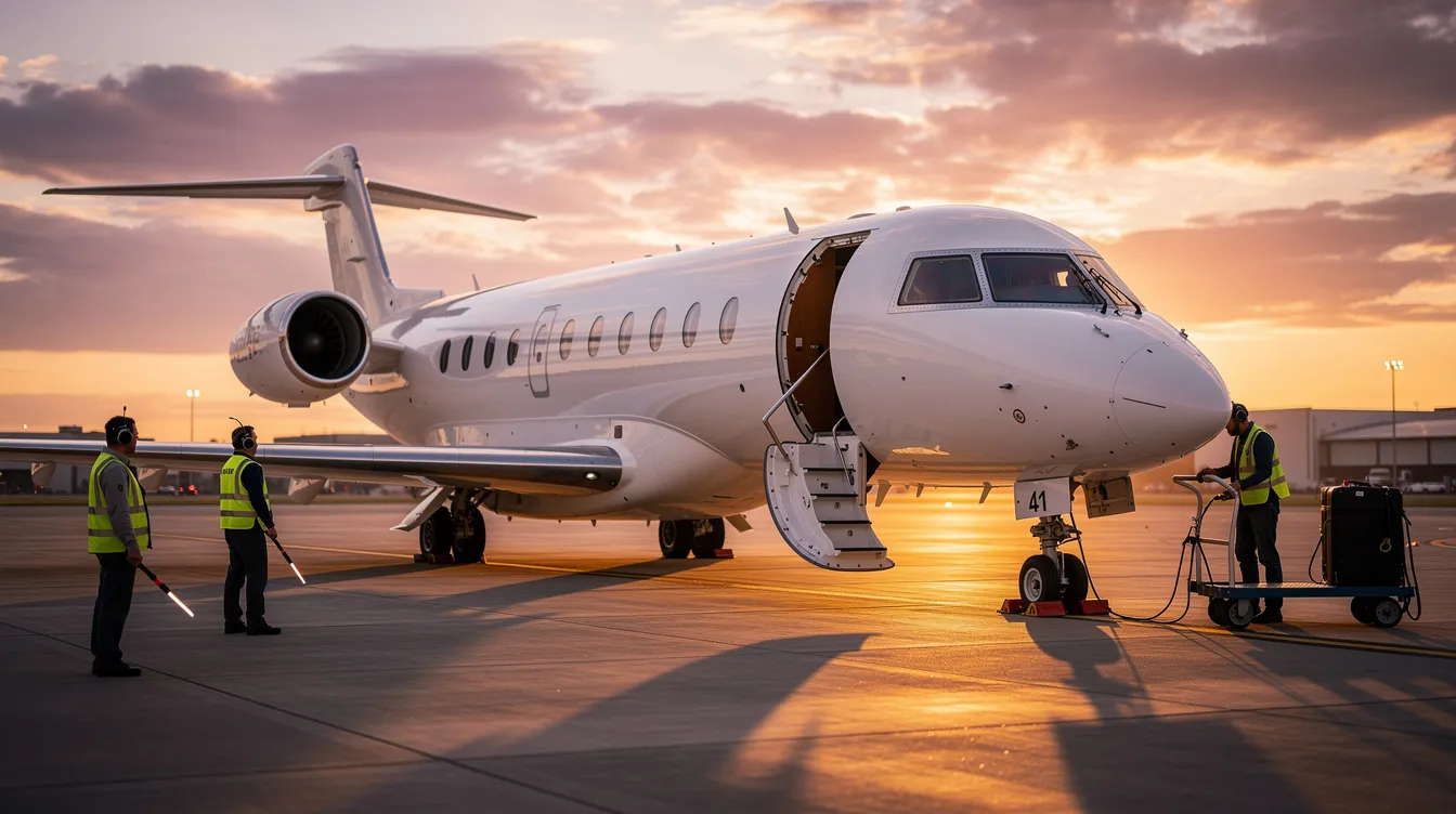 A business jet is parked on a tarmac, illuminated by the warm glow of a sunset, with ground crew members attending to the aircraft nearby. This scene captures the essence of corporate aviation, where private jet pilots and experienced pilots play a crucial role in ensuring smooth operations.