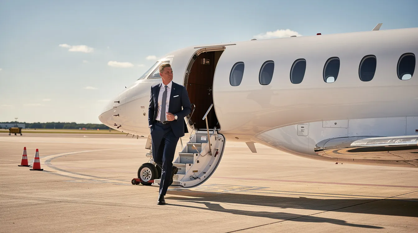 An executive in formal business attire is stepping onto a sleek private jet parked on a sunny tarmac, symbolizing the luxury and efficiency of private aviation. This scene highlights the world of private jet pilots and the business aviation industry, where experienced pilots often earn competitive salaries.