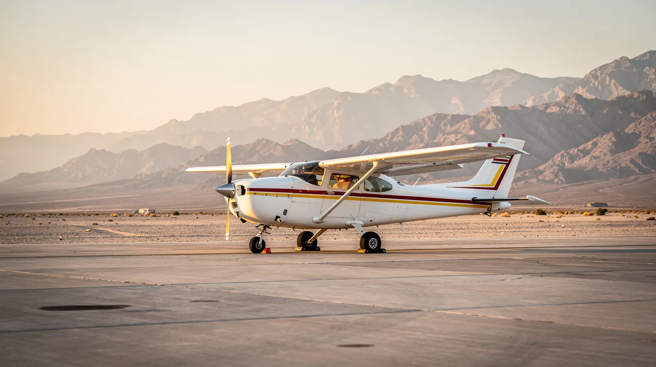 A small training aircraft is positioned on a runway, with a stunning mountainous desert landscape visible in the background. This scene captures the essence of pilot training, highlighting the environment where aspiring pilots may undertake their flight instruction.