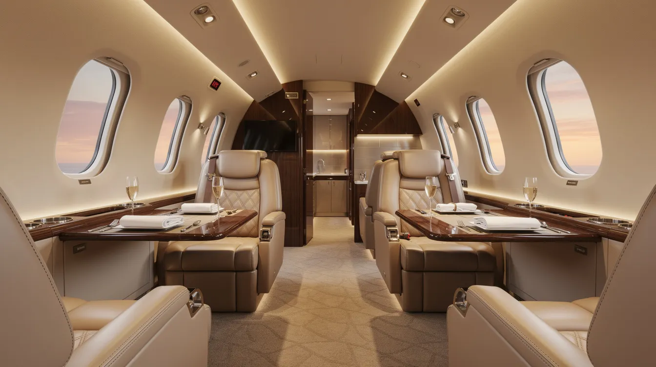 The image depicts the luxurious interior of a large-cabin private jet, featuring plush leather seats and soft ambient lighting that creates an inviting atmosphere. This elegant setting exemplifies the comfort and sophistication often associated with private jet travel, appealing to both corporate pilots and aspiring pilots looking to experience the aviation industry's finer side.