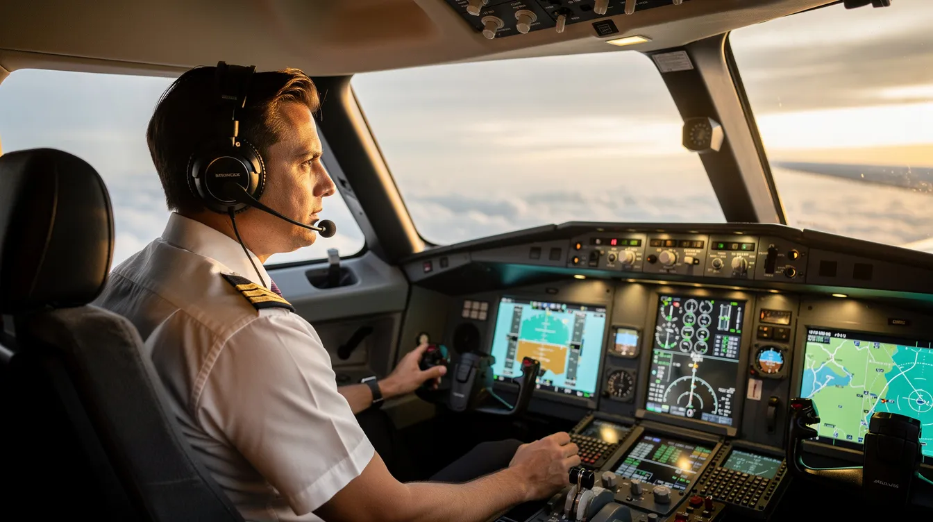 A professional pilot sits in the cockpit of a modern business jet, surrounded by glowing glass cockpit instruments that display essential flight data. The image captures the essence of corporate aviation, showcasing the advanced technology used by private jet pilots in their roles.