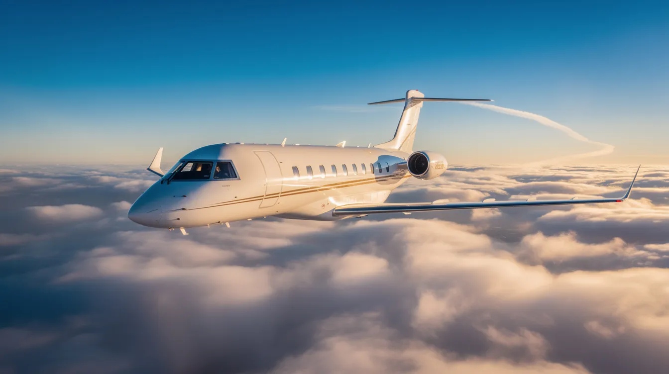 A Bombardier Global 6000 private jet soars high above a fluffy cloud layer, surrounded by a clear blue sky and bright sunlight, showcasing its sleek fuselage and wings designed for high-speed cruise. The image captures the luxury of air travel, emphasizing the spacious cabin that accommodates up to eight passengers.