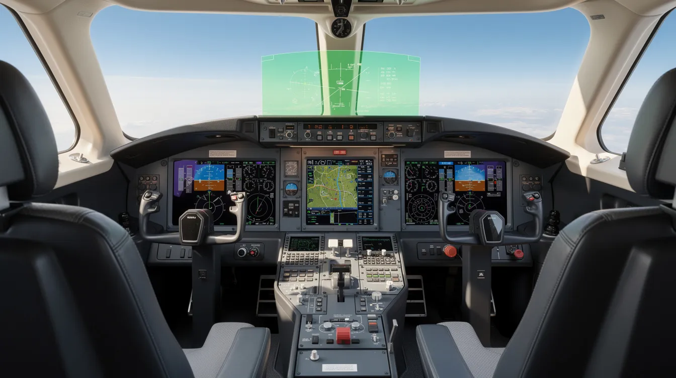 The image shows the cockpit of a modern Bombardier Global 6000 private jet, featuring advanced digital glass panel displays and a head-up display that provides critical flight information. This high-tech environment is designed for optimal performance and safety, catering to the travel needs of up to eight passengers in a spacious and luxurious setting.