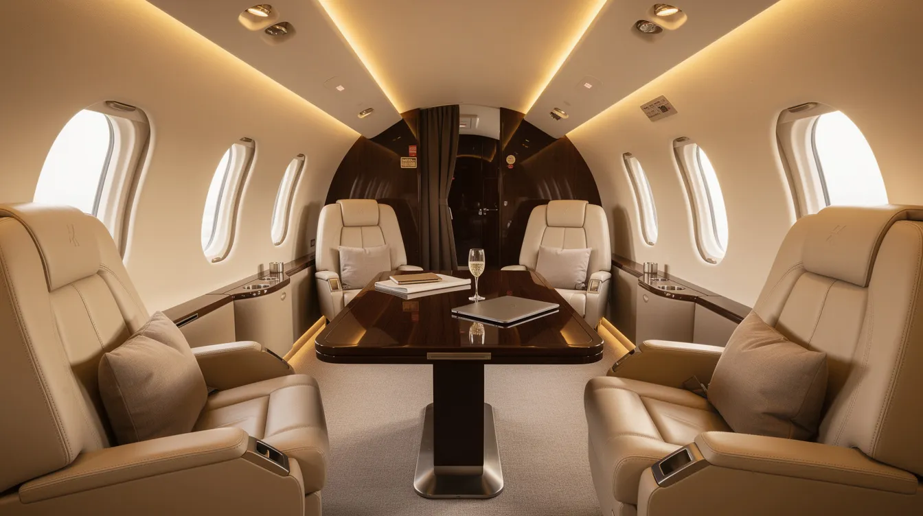 The image depicts the luxurious interior of a Bombardier Global 6000 private jet cabin, featuring cream leather seats, warm ambient lighting, and a polished wood table, designed to accommodate eight passengers for comfort and relaxation during their flight. This spacious cabin exemplifies the high-end travel needs and performance of global aircraft.