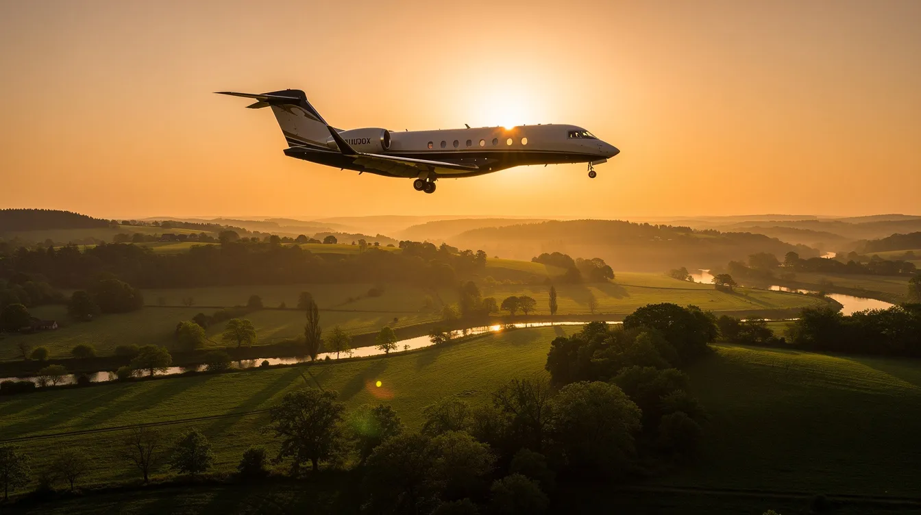 A private jet is silhouetted against a vibrant sunset, with a lush green landscape stretching below, capturing the essence of luxury travel. This image reflects the world-class service and modern facilities offered by BTR Jet Center, a premiere private FBO located in Baton Rouge, Louisiana.