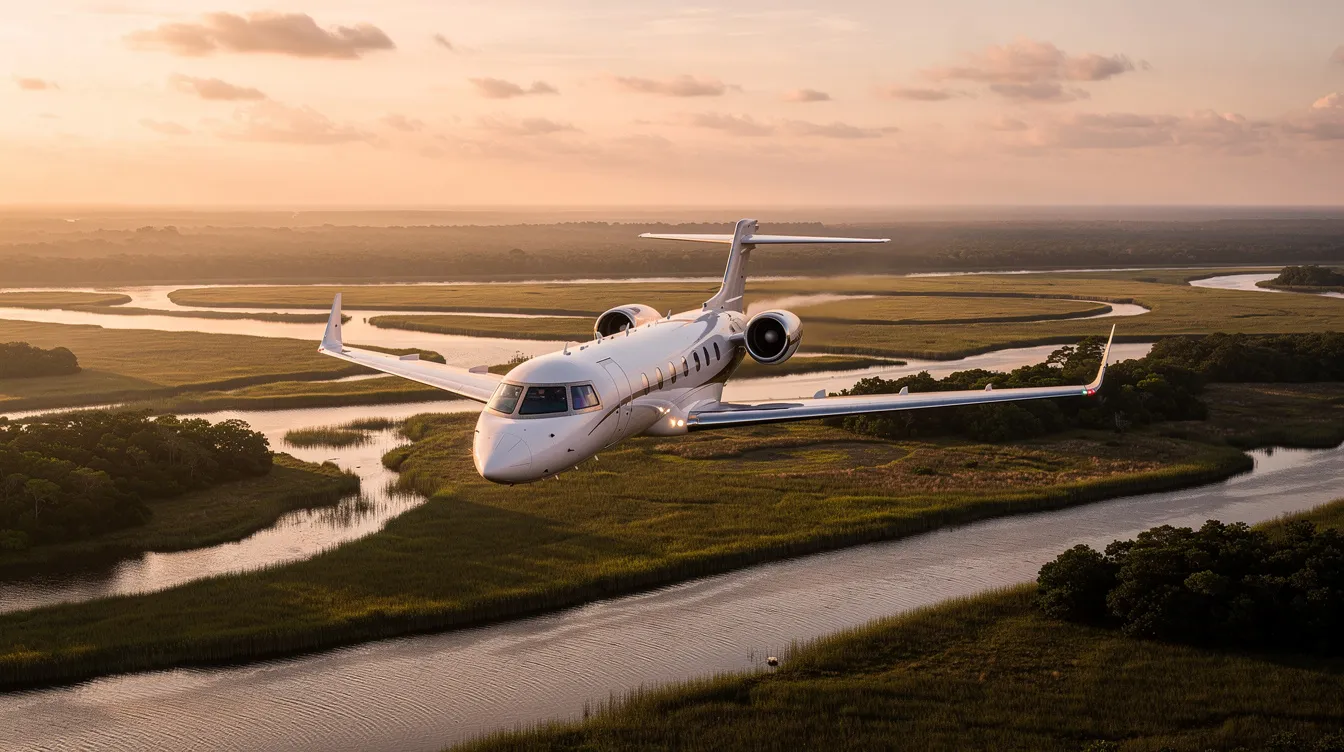 A light business jet flies low over the Gulf Coast wetlands during golden hour, showcasing the beauty of the landscape. This scene captures the essence of private aviation, highlighting the seamless arrival experience that BTR Jet Center offers with world-class service and modern facilities.